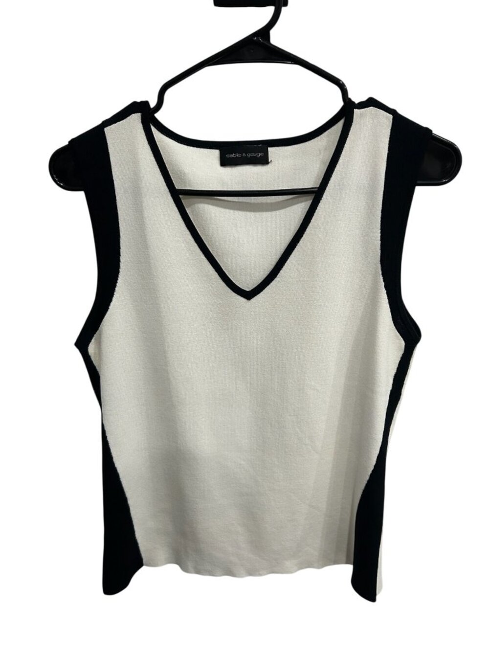 Cable & Gauge White Black Sleeveless Knit V-Neck Tank Top Minimalist Classic